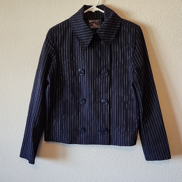 Ralph Lauren American Living Navy Pinstripe Cropped Double-Breasted Blazer L - Picture 1 of 7